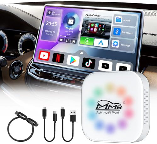MMB WJAN-TV2.0 CarPlay, Wireless CarPlay, CarPlay Adapter Online YouTube/Netflix 2025 New Upgrade Dongle With HDMI Output, Video TV Box, Android 12.0 Auto Wireless Adapter For OEM Apple CarPlay Cars