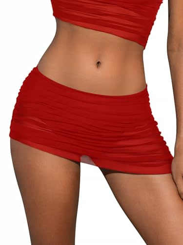 SHEKINI Taille Haute Maillot Jupe de Bain Femme Irrégulier Jupe de Bikini Maille Froncé(L, Rouge)