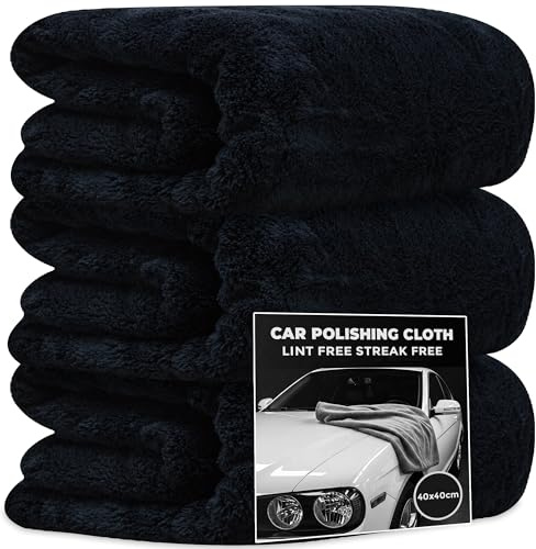 Towelogy 3 x Premium Microfibre Car Polishing Cloths – Professional Paint Care, Edgeless Design for No Scratches or Swirl Marks, Lint-Free Finish (3, Black)