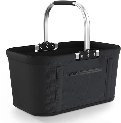 Yeabett Cesta de la compra plegable de 30 l con 4 barras de apoyo, cesta de transporte estable y cesta de pícnic, cesta plegable grande para familia (46 x 27 x 25 cm), con asas acolchadas, para