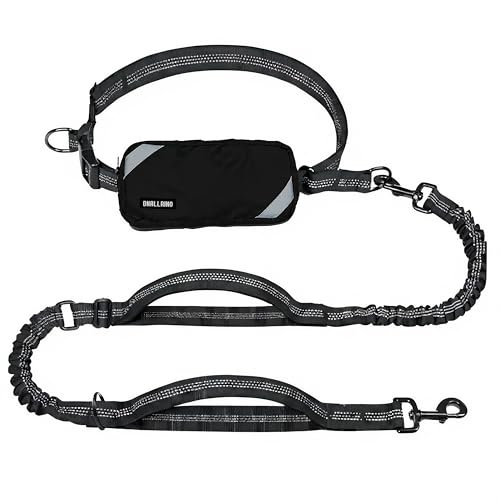 DNALLRINO Hands Free Dog Leash with Waterproof Pouch, Adjustment Bungee Leash with Dual Soft Padded Handles for Hiking, Walking, Jogging and Running Your Dogs(Black)