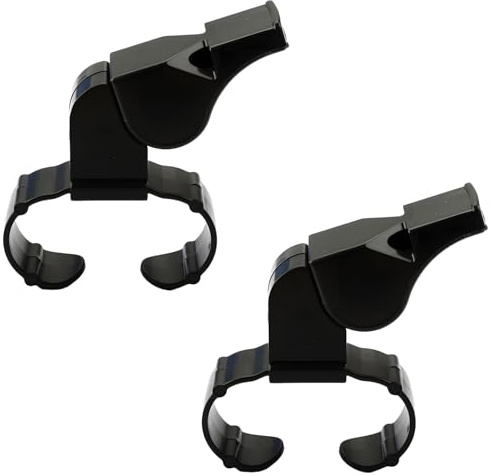 Hopzab 2 silbatos de árbitro de mano, silbato deportivo de plástico negro, silbatos reutilizables para entrenamiento, campamento al aire libre, uso de emergencia