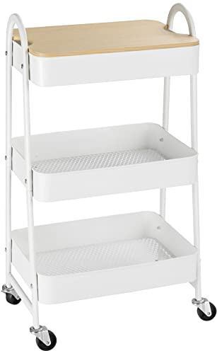 HOMCOM Carrito Auxiliar con Ruedas de 3 Niveles, Carrito de Cocina con 3 Cestas de Acero y 1 Placa de Cubierta, para Comedor, Sala Baño, 45x31x79,4 cm, Blanco