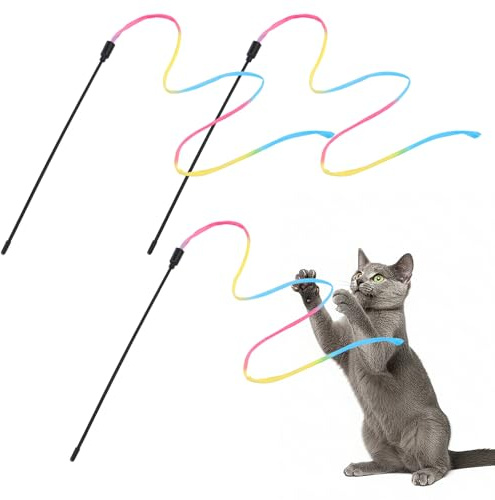 DOPENSPI 3PCS Cat Wand Interactive Toy, 33cm Colorful Rainbow Ribbon String Rainbow Cloth String Cats Toy Cats Cradle Strings for Pet Kitten Cat Indoor Training Interactive Toys