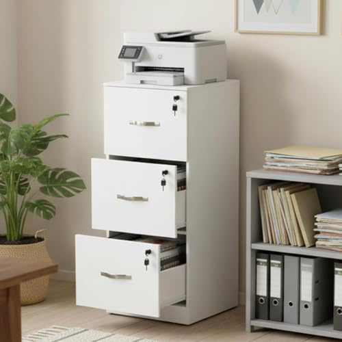 anrekl Cajonera Oficina, Cajonera Escritorio con 3 Cajones Cerradura y Llaves, Multiusos Armario Archivador con Barras Colgantes para Oficina Escritorio Casa,103.5cm Alto, Blanco