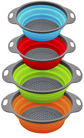 Colorful Collapsible Kitchen Strainer/Colander, Set of 4 Silicone Kitchen Space-Saver Folding Strainer, Perfect for Draining Pasta, Vegetable (Red+Blue, Orange+Green)