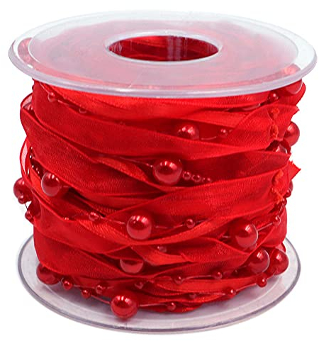 ANCLLO 10M Künstliche Perlenband Chiffon-Band und Organza-Spitze-Band-Ordnungen für Hochzeits-Blumen-Weihnachtsbaum-Dekoration Nähen Handwerk Verpackung (rot)