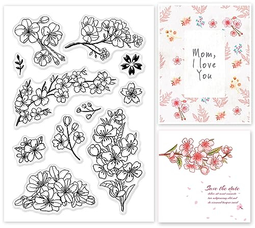 GLOBLELAND Pflanzenthema Klare Briefmarken KirschblüteMuster Silikonstempel für Kartenherstellung Dekoration und DIY Scrapbooking
