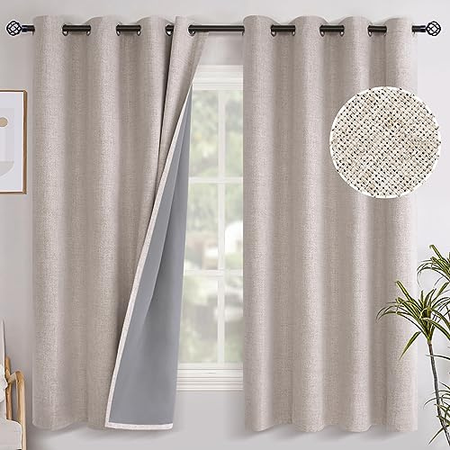 YoungsTex Lot de 2 Rideaux occultants en Lin pour Chambre à Coucher – Rideaux occultants à Isolation Thermique avec œillets pour Salon d'hiver – Stores occultants d'intimité – 132 x 160 cm – Beige