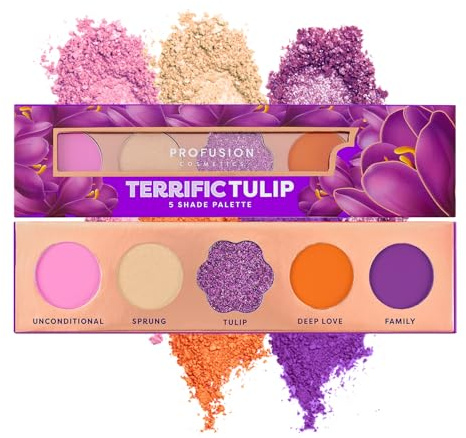Profusion Cosmetics Blooming Hues - 5 Highly Pigmented Shades Eyeshadow Palette with Built-In Mirror, Multi-Finish & Long-Wearing Formula, Blendable, Vegan & Cruelty-Free Makeup (Terrific Tulip)