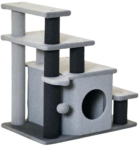 PawHut Escalera para Gatos de 4 Peldaños Escalón para Mascotas con Altura Ajustable Caseta Bola Colgante y Postes para Cama Sofá Carga 10 kg 60x40x66 cm Gris