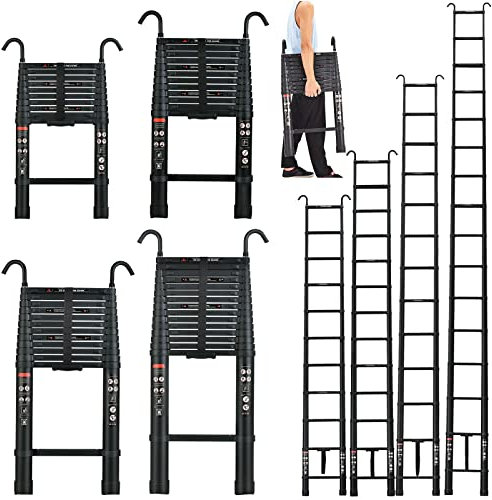 Échelle Télescopique 6,2m en Aluminium avec Crochets, Rallonge Télescopique Multifonction Échelle Escamotable, Échelle Pliante Échelle de Toit e Grenier Portable Escabeau Extensible (6,2M, Noir)