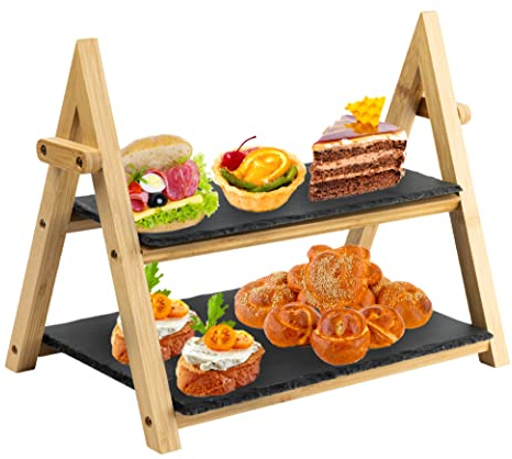 HEFTMAN Soporte Bandeja Pasteles Pizarra de 2 Niveles - Bandeja Pisos Rústica Plegable - Negra/Madera Tablas para Picoteo para Sushi, Postre, Pasteles, Queso, Tapas, Carnes, Antipasti (32 cm x 41 cm)