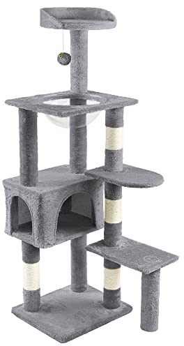 VOUNOT Cat Tree with Scratching Post & House, Stable Cat Play Tower, Multi-Level Activity Centre for Indoor Cats, Kitten Climbing Frame, Grey