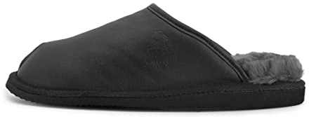 Hollert Herren Lammfell Hausschuhe LUITPOLD Pantoffeln echt Merino Schaffell Echtleder warm und bequem Größe 45 EU, Farbe Schwarz