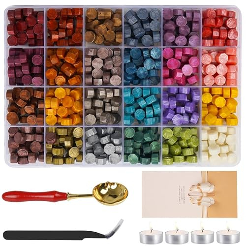 Siegelwachs Perlen Set, 24 Farben 600 Stück Siegelstempel Achteckig mit 1 Löffel, 4 Weißen Kerzen und 1 Pinzette für Wachs Umschlägen, Briefe, Hochzeitseinladungen Karten und DIY