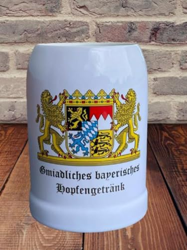 Bierkrug 0,5l Gmiadliches bayerisches Hopfengetränk Steinkrug weiß mit Aufdruck Männergeschenk Partygeschenk