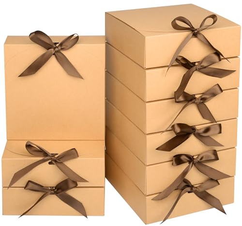 AWCIGG 12 Stück Geschenkbox mit Deckel, 16 x 16 x 5 cm Braune Geschenkkarton, Geschenkboxen mit Bändern für Feiertage Weihnachten Hochzeiten Geburtstage Geschenkverpackung