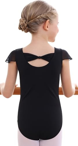 MdnMd Black Gymnastic Ballet Dance Leotard for Girls Children Bodysuit Outfit Bow Back Ruffle Sleeve (Black, Age 10-12)