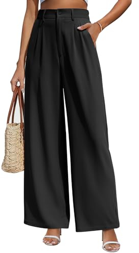 CMTOP Pantalones Mujer Verano Cintura Alta Elasticos Pantalones Largos Causal Pantalon Ancho Elegante Comodo Pantalón de Vestir Mujer con Bolsillos(Negro, L)