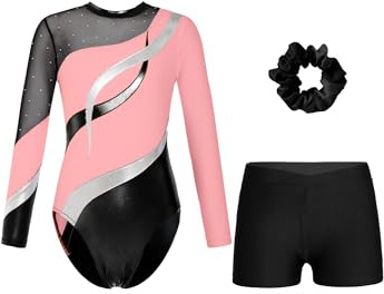 Alvivi Barn flickor gymnastikdräkt glitter gymnastikdräkt med korta byxor hårband långärmad balettdräkt gymnastikbody, gymnastiktröja, konkurrens, danskostym, Rosa och svart, 146-152
