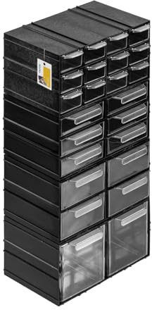 Aufbewahrungsbox mit 24 Schubfächern Sortimentskasten - Set Werkstatt-Schubladen in 4 Größen – 230 x 160 x 510 mm - Kleinteilemagazin 4 Module | Geeignet für Wandmontage
