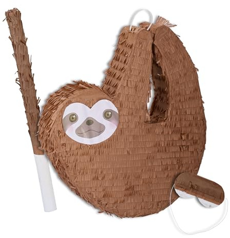 Relaxdays Piñata, Forma de Perezoso, Set de 3 Piezas con Palo y Máscara, Juego Niños Cumpleaños, Sin Rellenar, Marrón, Papel, 48 x 44 x 8 cm