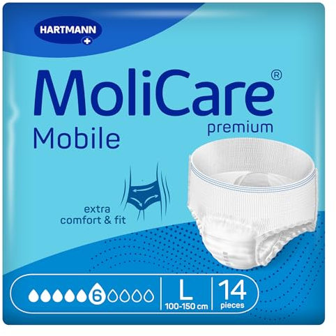 MoliCare premium Mobile 6 Tropfen Größe L, Inkontinenzhosen für Frauen und Männer mit mittlerer Inkontinenz, extra Auslaufschutz, fortschrittlicher Hautschutz, verbesserte Passform, 14 Stück