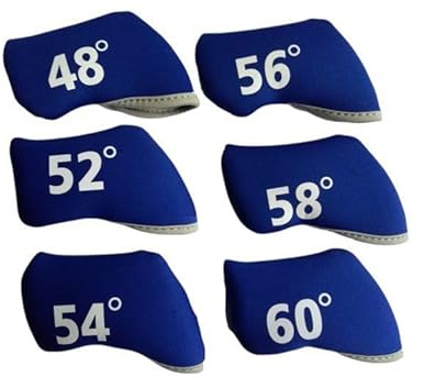 Golf Club Wedge Head Covers 6 Piece Set 48, 52, 54, 56, 58, 60 Degrees Headcover Protectors Blue with White Numbers.
