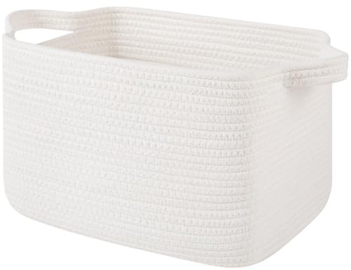 OIAHOMY Woven Storage Basket for Shelves, Rectangle Cotton Rope Baskets for Organizing, 13 x 10 x 9 in, Storage Bins for Dog Toys,Towel,Books,Gift, White