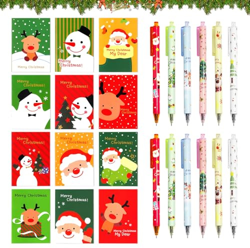 Jocanova Set di 12 penne gel di Natale con inchiostro a forma di cartone animato + 12 mini blocco note natalizio, penna a sfera natalizia, regalo di Natale, sacchetti per feste per ufficio scolastico