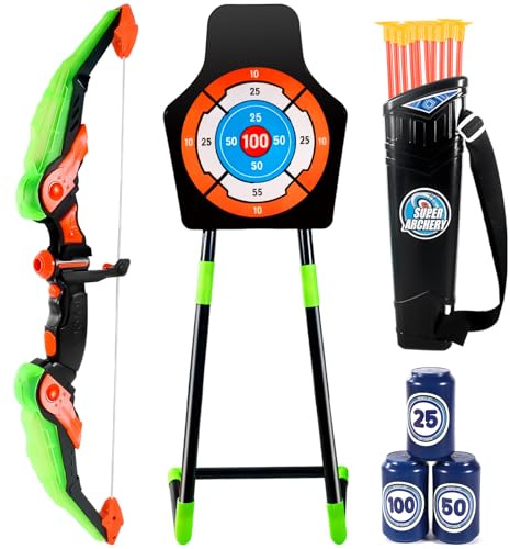 Arco e Frecce per Bambini, Arco Giocattolo, Tiro con L'arco, con 1 Archi/ 10 Frecce/ 1 Faretre/Bersaglio, Giochi Giocattolo per Interni ed Esterni, Regalo per ragazzi e ragazz