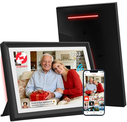Frameo - Marco de fotos digital WiFi de 10,1 pulgadas con luz LED de ambiente - 32 GB de memoria, pantalla táctil HD 1280 x 800, rotación automática, compartir fotos instantáneas por aplicación