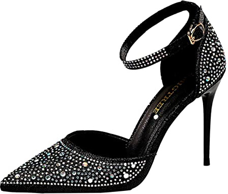 Glitterpumps dam eleganta höga klackar med strass glänsande brudskor spets kvällsskor stilettos bröllopsskor 12 cm klack höjd högklackade skor ankelrem klackskor