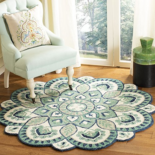 SAFAVIEH Novelty Collection Area Rug - 4' Round, Ivory & Blue, Handmade Boho Floral Rustic Country Wool, Ideal for High Traffic Areas in Living Room, Bedroom (NOV604M)