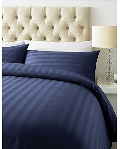 Luxurious 800 Thread Count Cotton Rich Satin Stripe Duvet Bed Cover with Housewife Pillowcases | 800 TC Hotel Striped Bedding (King, Navy Blue)