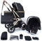 Pixini Kinderwagen Lania 3in1 Kombikinderwagen, inkl. Babywanne & Buggy & Auto-Babyschale & Cupholder/Adapter (gold/schwarz)