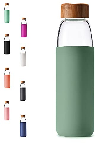 veegoal 25 Oz Borosilicate Glass Water Bottles with Bamboo Lid, BPA-FREE, Non-Slip Silicone Sleeve, and Stainless Steel Leak Proof Lid - Reusable Glass Bottle for Men and Women