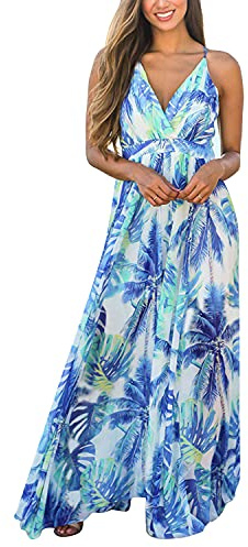 BUOYDM Vestiti Donna Estivi Lunghi Casual Eleganti Abiti Donna Scollo a V Senza Maniche Vestito Boho Fiore Stampato Maxi Lunga Sexy Vacanze Spiaggia… Blu 4 M