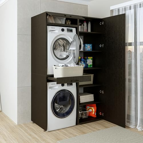 ROOMART Armadietto da Parete per Lavatrice e Asciugatrice, Larghezza 127 cm, Torre Lavatrici con 5 Ripiani (Rovere Nero)
