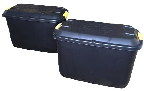 2 x 110L Heavy Duty Trunk on Wheels Sturdy, Lockable, Stackable and Nestable Design Storage Chest with Clips in Black