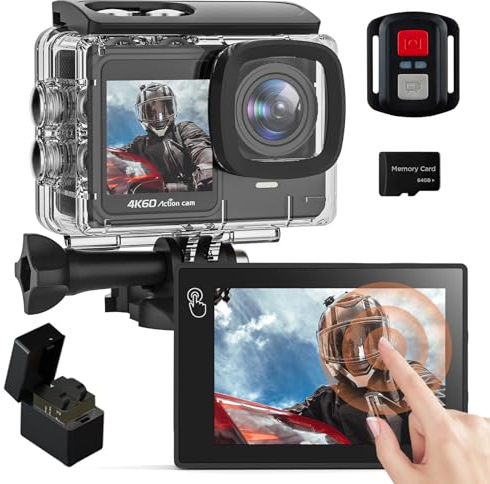 Yolansin 4K 60FPS Cámara Deportiva con 64GB Tarjeta SD, 131FT Cámara Acuática de Pantalla Táctil, 24MP HD Pregrabación Cámara de Acción, 8X Zoom WiFi Cámara con 2x1350mAh Baterías,Multi Accesorios