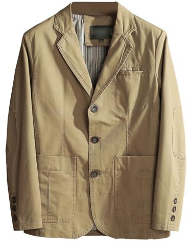 Men's Casual Notched Lapel Collar Coat Washed Fit Three-Buttons Blazer Jackets Vintage Style Sport Cotton Suit Jacket, Khaki Color, 3XL