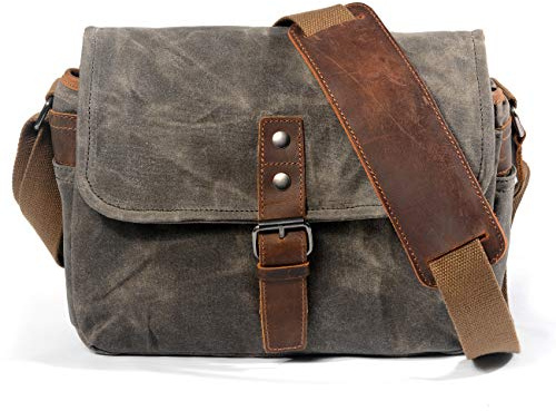 FUNSEED Vaxad kanvaskameraväska för kvinnor män med vattentät design, kompakt crossbody-fodral för DSLR/SLR/spegelfria kameror (grön)
