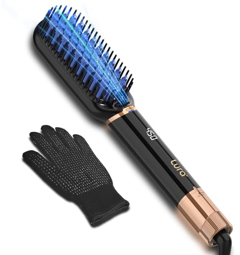 LURA Ionic Hair Straightener Brush,Dual Voltage Hair Straightening Brush for Women,High Heat Flat Iron Brush for Black Women，Ceramic Hair Straightener Comb with 6 Adjust Temperature