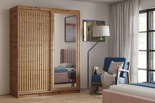 BEAUTY SOFA Donatello Armoire - Armoire à vêtements avec miroir, étagères, tringle à vêtements, portes coulissantes et lamelles, armoire-penderie, armoire d'entrée - Chêne Artisan - Largeur 100 cm