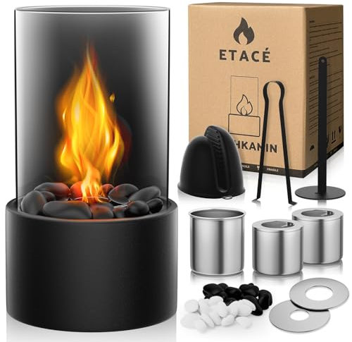 Tischkamin mit 2 Farben Deko Steinenmit, Tischfeuer Set für Indoor mit 2 Brennkammern für 4H Brenndauer, Bio Ethanol Kamin für Indoor & Outdoor, Balkon Wohnung Deko, Erstellen Romantische Ambiente