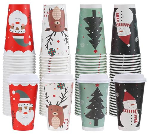 Clawsoff Paquete de 100 tazas de café de Navidad de 16 onzas con tapas, desechables para llevar, tazas de café de papel para bebidas calientes/frías, oficina, hogar, tienda, evento (colorido)