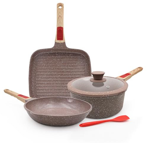 AIKENBBKK Set di Pentole e Padelle da in Ceramica 5 pezzi, Padella 24 cm con Coperchio, Casseruola 20 cm, Padella per Grigliare 24 cm, con Rivestimento in Ceramica Antiaderente e Manico Rimovibile