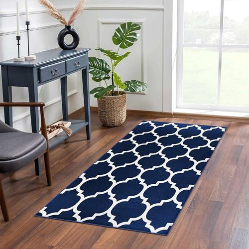MOONLIGHT20015 Rugs Living Room – Small Bedside Navy Blue Area Rugs for Bedroom 40x60cm – Door Mat for Entryway Trellis Style Modern Rug, Ava Navy